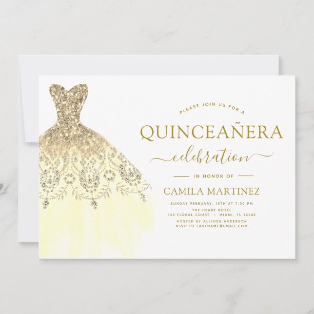 Invitación Quinceanera Purpurina blanco y dorado (Anverso)