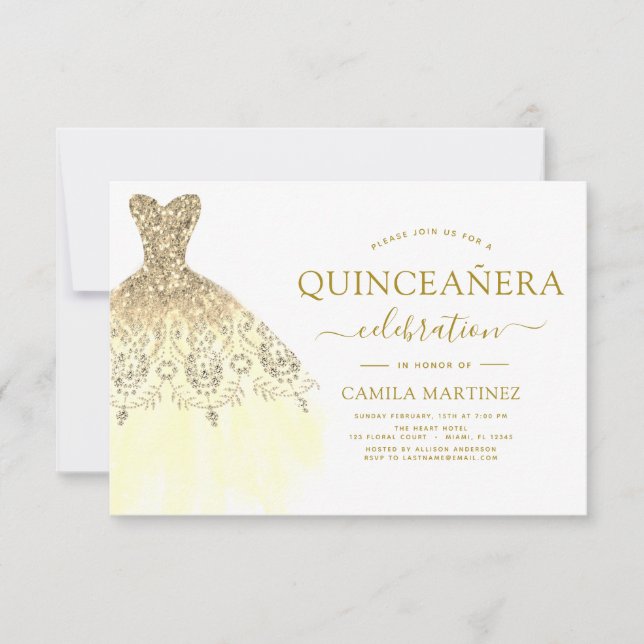 Invitación Quinceanera Purpurina blanco y dorado (Anverso)