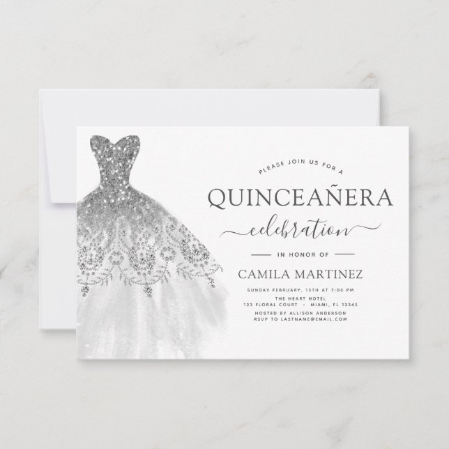 Invitación Quinceanera Purpurina blanco y plateado (Anverso)