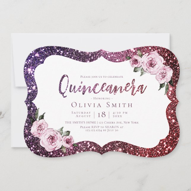 Invitación Quinceanera purpurina de arbusto morado (Anverso)