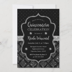 Invitación Quinceanera, Purpurina de Art Deco negro y platead