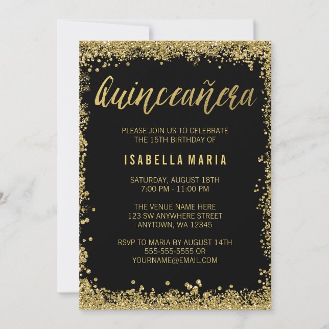 Invitación Quinceanera, Purpurina de Black Gold Faux, 15º cum (Anverso)
