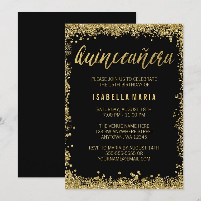 Invitación Quinceanera, Purpurina de Black Gold Faux, 15º cum (Anverso / Reverso)