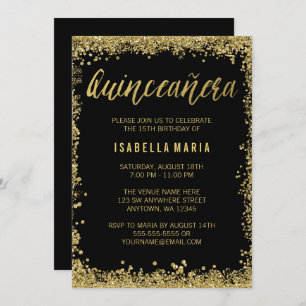 Invitación Quinceanera, Purpurina de Black Gold Faux, 15º cum
