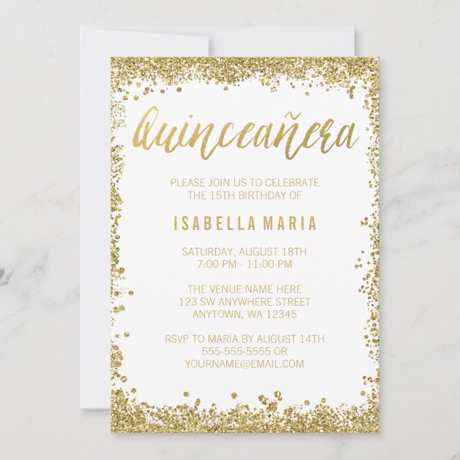 Invitación Quinceanera, Purpurina de Burgos de Oro Blanco, 15 (Anverso)