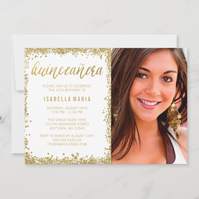 Invitación Quinceanera, Purpurina de Burgos de Oro Blanco, 15 (Anverso)