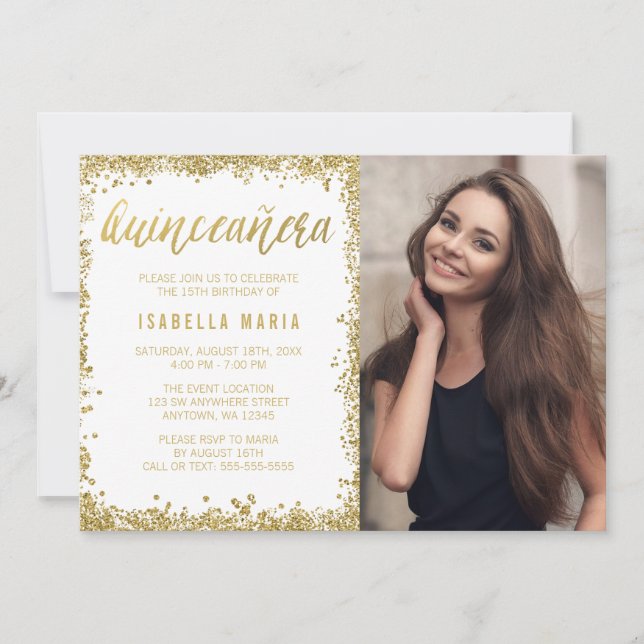 Invitación Quinceanera, Purpurina de Burgos de Oro Blanco, 15 (Anverso)