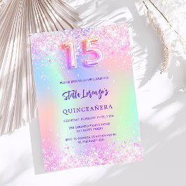 Invitación Quinceanera purpurina de color rosa holográfico