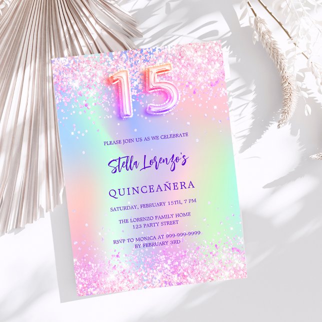 Invitación Quinceanera purpurina de color rosa holográfico (Subido por el creador)