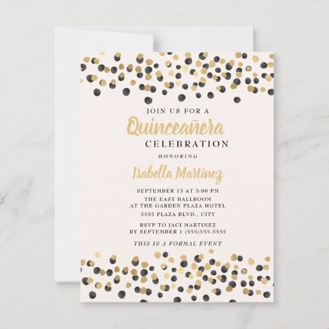 Invitación Quinceanera, Purpurina de Confetti de oro negro bl (Anverso)