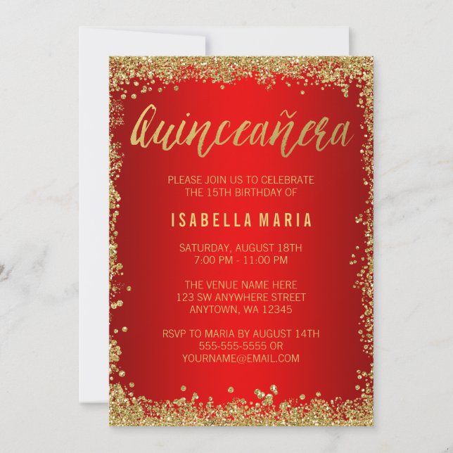 Invitación Quinceanera, Purpurina de Faux de Oro Rojo, 15º cu (Anverso)