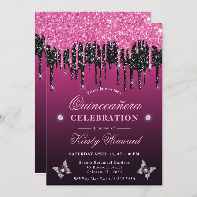 Invitación Quinceanera, Purpurina de goteo rosado y negro cal (Anverso / Reverso)