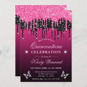 Invitación Quinceanera, Purpurina de goteo rosado y negro cal