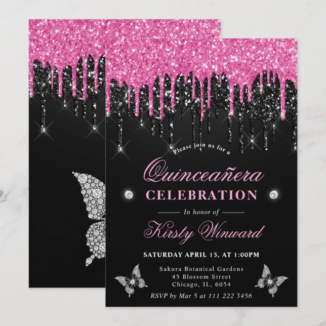 Invitación Quinceanera, Purpurina de goteo rosado y negro cal (Anverso / Reverso)