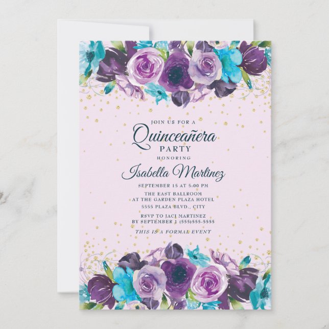 Invitación Quinceañera Purpurina de oro azul morado (Anverso)