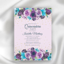 Invitación Quinceañera Purpurina de oro azul morado