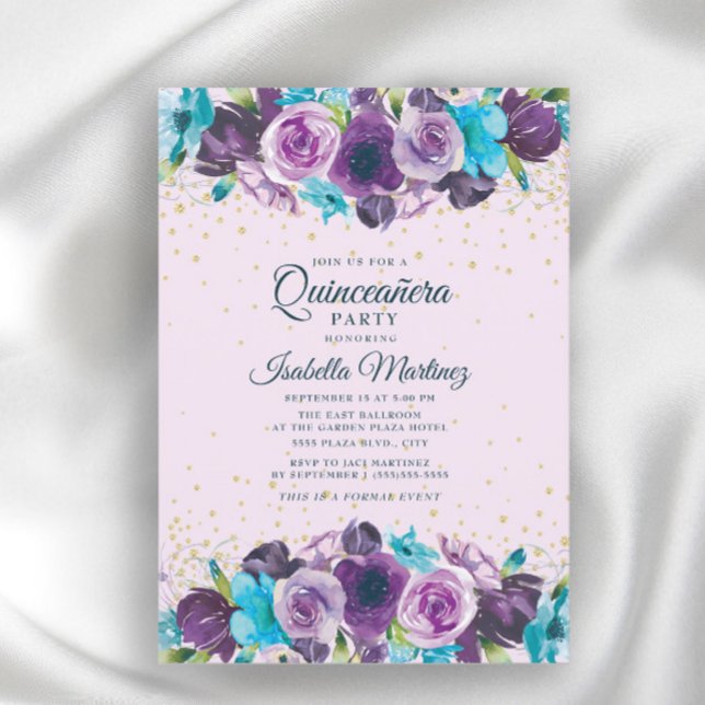 Invitación Quinceañera Purpurina de oro azul morado (Subido por el creador)