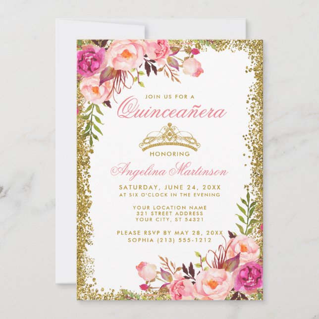 Invitación Quinceanera Purpurina de oro Crown Floral rosa (Anverso)