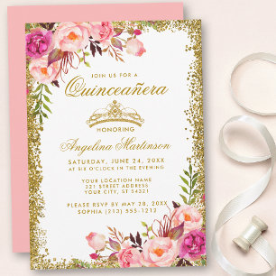 Invitación Quinceanera Purpurina de oro Crown Floral rosa