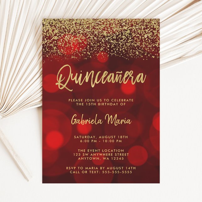 Invitación Quinceanera, Purpurina de oro de Bokeh Rojo Modern (Subido por el creador)