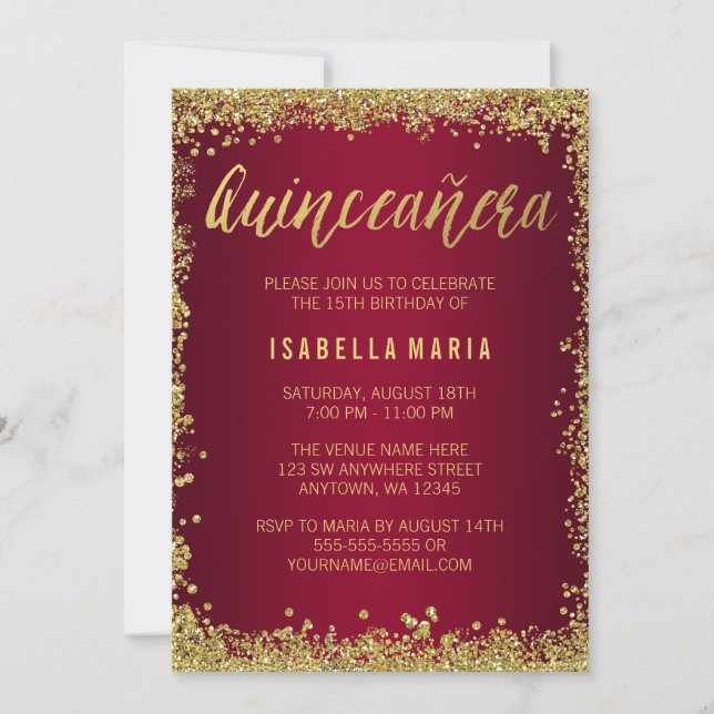Invitación Quinceanera, Purpurina de oro de Borgoña, 15 años (Anverso)