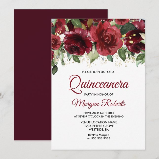 Invitación Quinceanera, Purpurina de oro de la floral roja de (Anverso / Reverso)