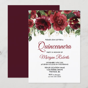 Invitación Quinceanera, Purpurina de oro de la floral roja de