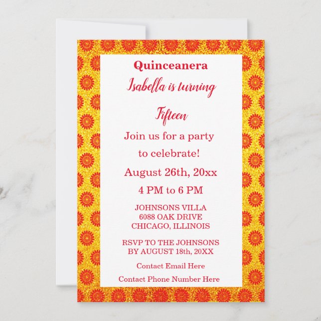 Invitación Quinceanera Purpurina de Oro Floral Roja 15º cumpl (Anverso)