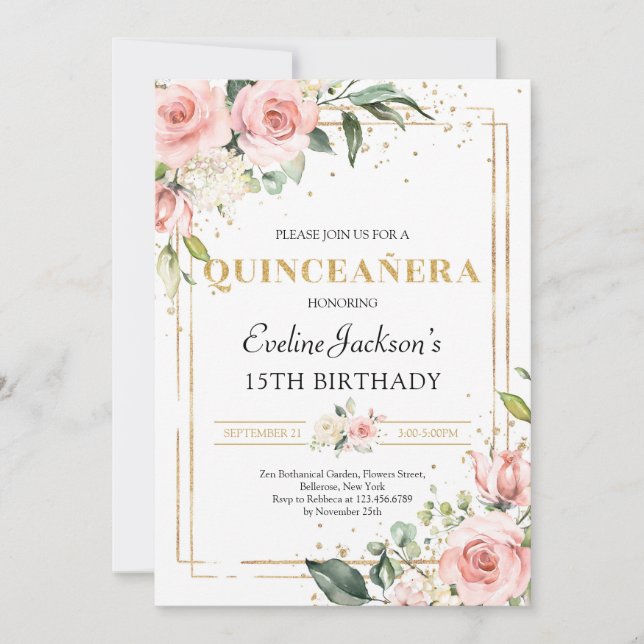 Invitación Quinceanera purpurina de oro floral rosa de primav (Anverso)