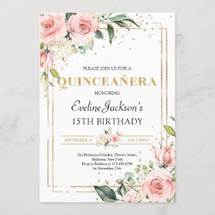 Invitación Quinceanera purpurina de oro floral rosa de primav