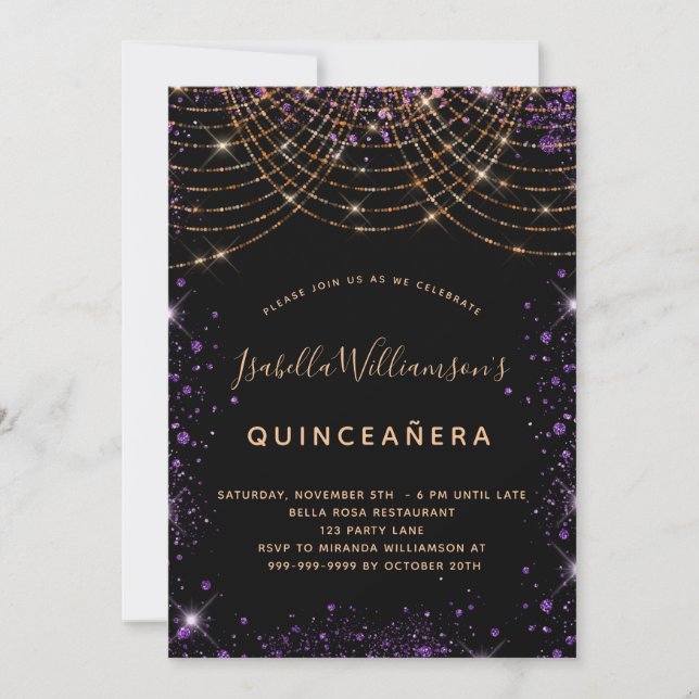 Invitación Quinceanera purpurina de oro morado negro elegante (Anverso)