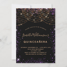 Invitación Quinceanera purpurina de oro morado negro elegante