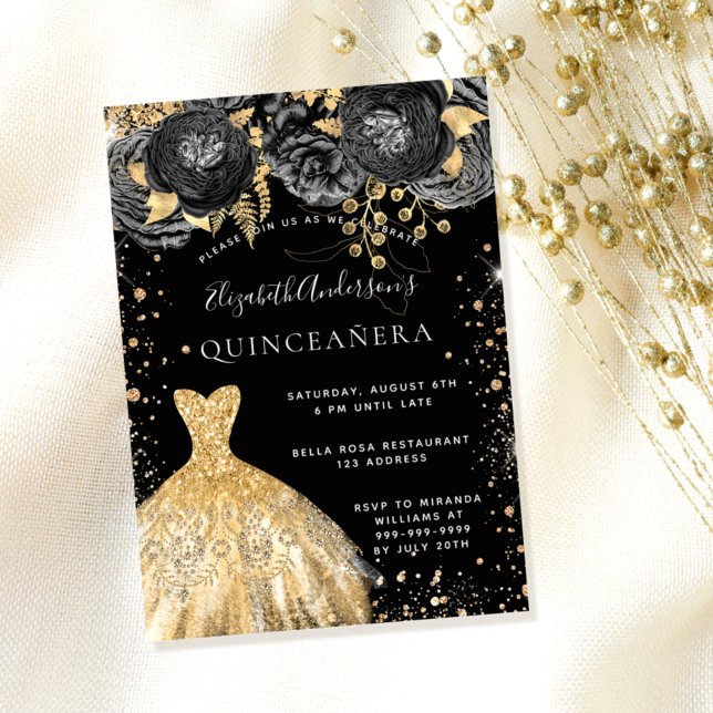 Invitación Quinceanera purpurina de oro negro vestido florine (Subido por el creador)