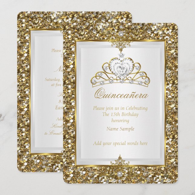 Invitación Quinceanera Purpurina de oro Perla blanca Tiara 2 (Anverso / Reverso)