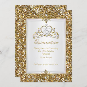 Invitación Quinceanera Purpurina de oro Perla blanca Tiara 2