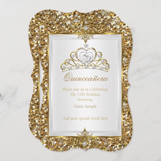 Invitación Quinceanera Purpurina de oro Perla blanca Tiara 2 (Anverso / Reverso)