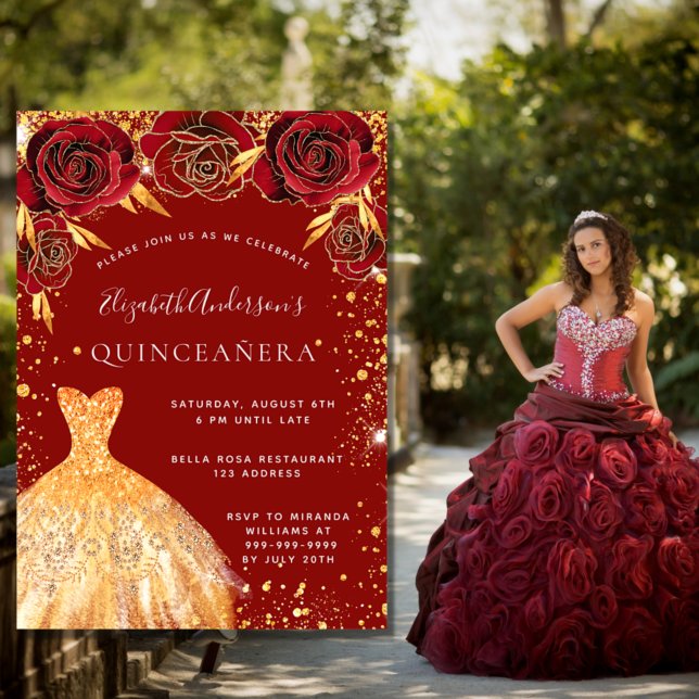 Invitación Quinceanera purpurina de oro rojo vestido florines (Subido por el creador)