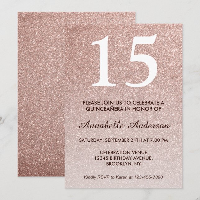 Invitación Quinceañera, Purpurina de oro Rosa Rosa Rosa de lo (Anverso / Reverso)