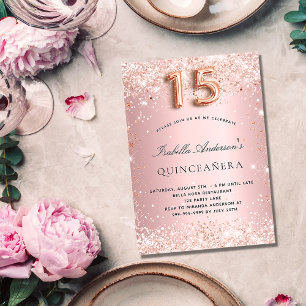 Invitación Quinceanera purpurina de oro rosa rosado