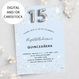 Invitación Quinceanera purpurina de plata azul