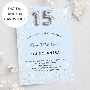 Invitación Quinceanera purpurina de plata azul