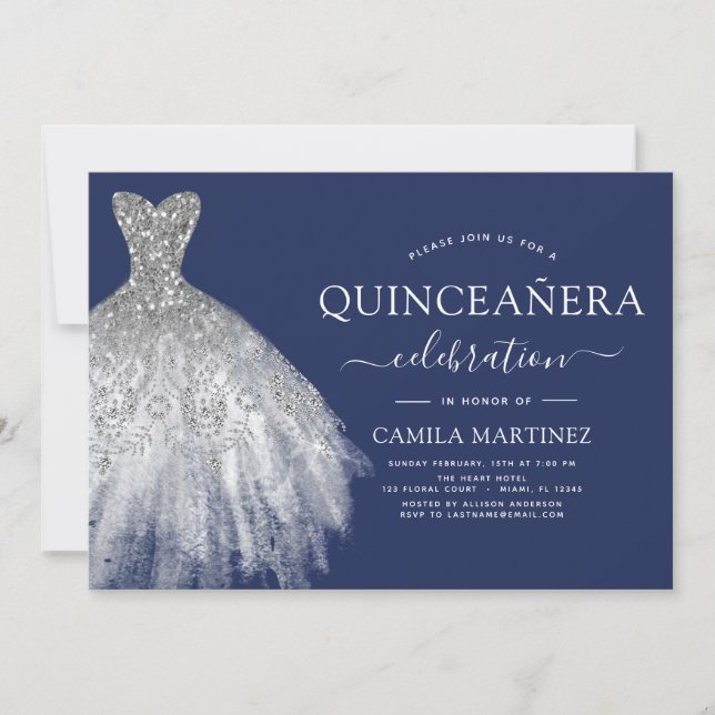 Invitación Quinceanera Purpurina de plata azul (Anverso)