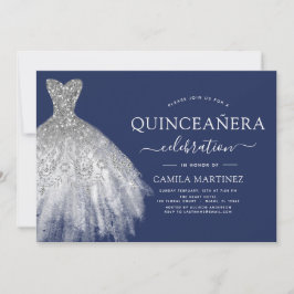 Invitación Quinceanera Purpurina de plata azul