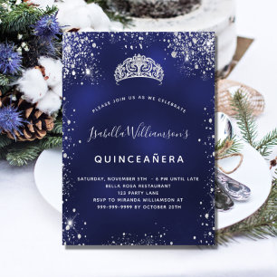 Invitación Quinceanera purpurina de plata azul polvo tiara co