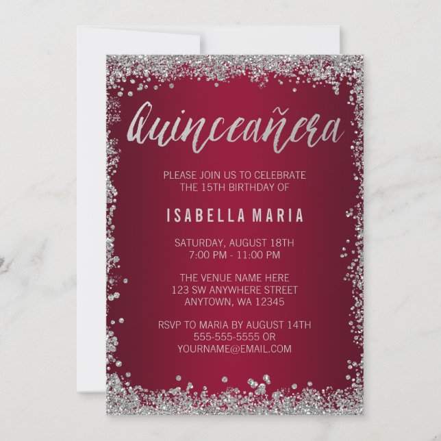 Invitación Quinceanera, Purpurina de Plata Borgoña, 15 años (Anverso)