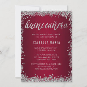 Invitación Quinceanera, Purpurina de Plata Borgoña, 15 años