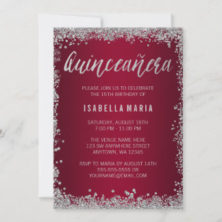 Invitación Quinceanera, Purpurina de Plata Borgoña, 15 años