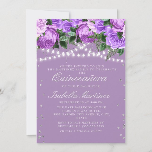 Invitación Quinceañera, Purpurina de Plata Floral Púrpura (Anverso)