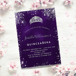 Invitación Quinceanera purpurina de plata púrpura tiara coron