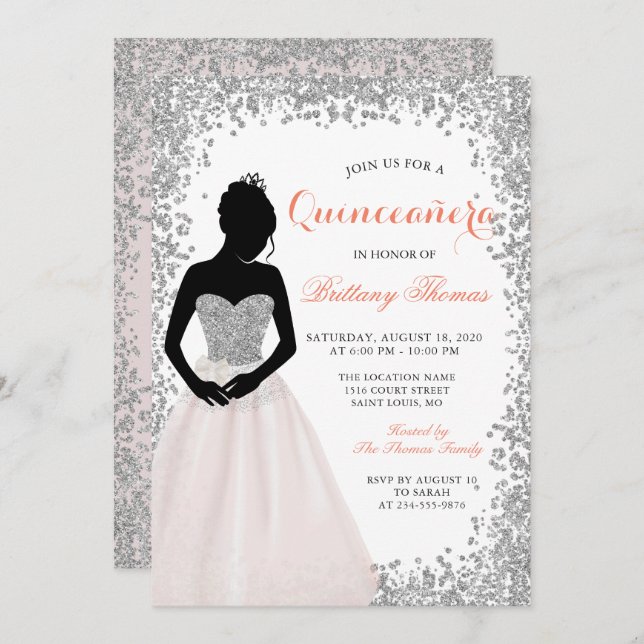 Invitación Quinceanera, Purpurina de Plata Rosa, 15 años (Anverso / Reverso)